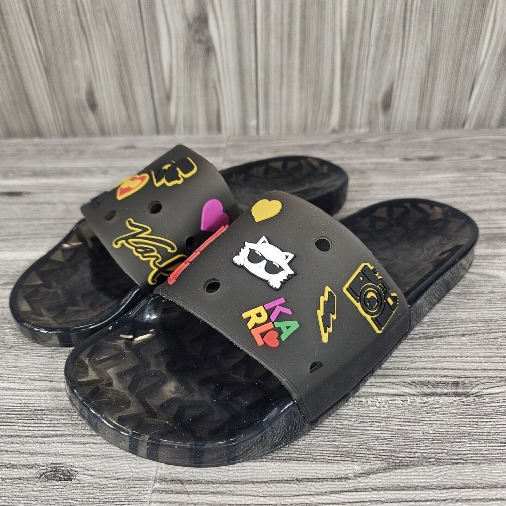Karl Lagerfeld Paris Thea Black/Smoke Translucent Pool Slides-Women's Size 6 NEW